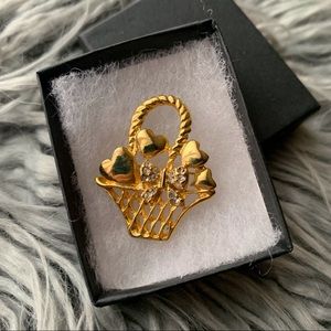 Vintage Flower Basket Heart Silver Crystal Bow Brooch Pin